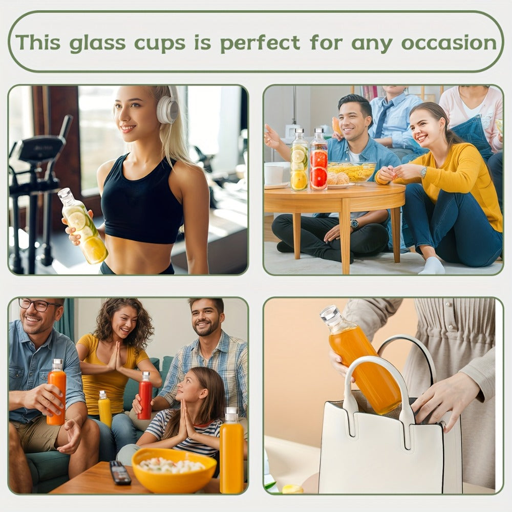 Borosilicate Glass Water Bottle Set of 6 with Lid Sleeve and Cleaning Brush – 18oz Reusable Juice Bottles | Non-Slip Sports Drinking Vessels for Home Office Gym Travel