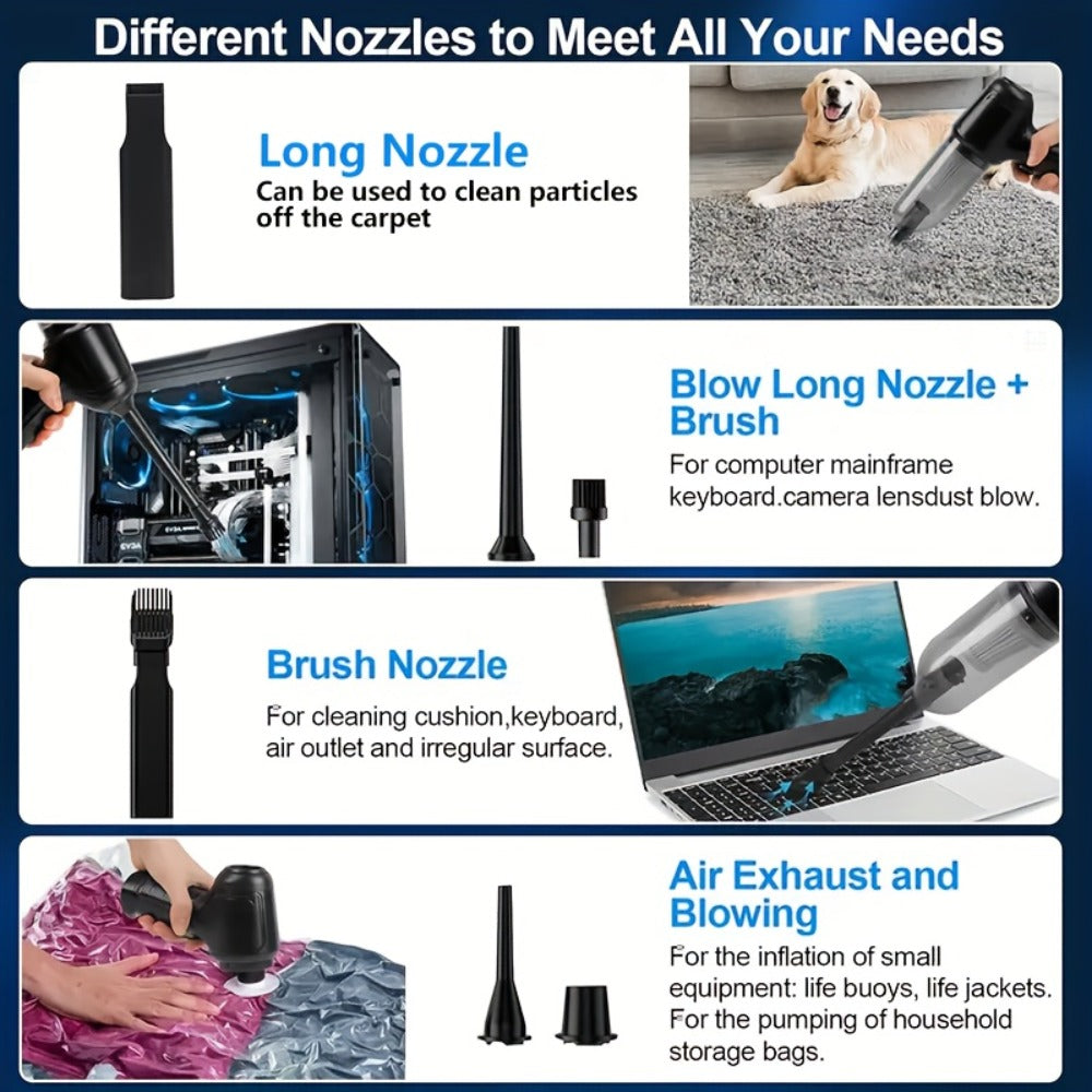 Cordless Handheld Vacuum Cleaner 3-in-1 Wireless with High Suction Power, Extended Battery Life – Portable Car & Home Vacuum for Dust, Debris & Pet Hair with Suction, Air Extraction & Blowing Modes