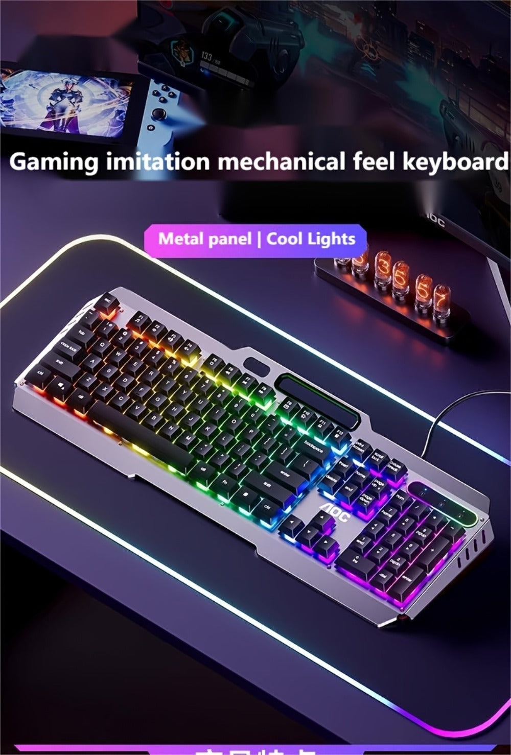 LED Backlit Wired Gaming Keyboard 104 Keys Full Size – Quiet Ergonomic Design, Adjustable Volume Knob, USB Powered, Compatible with Desktop and Laptop Computers, Office and Home Use