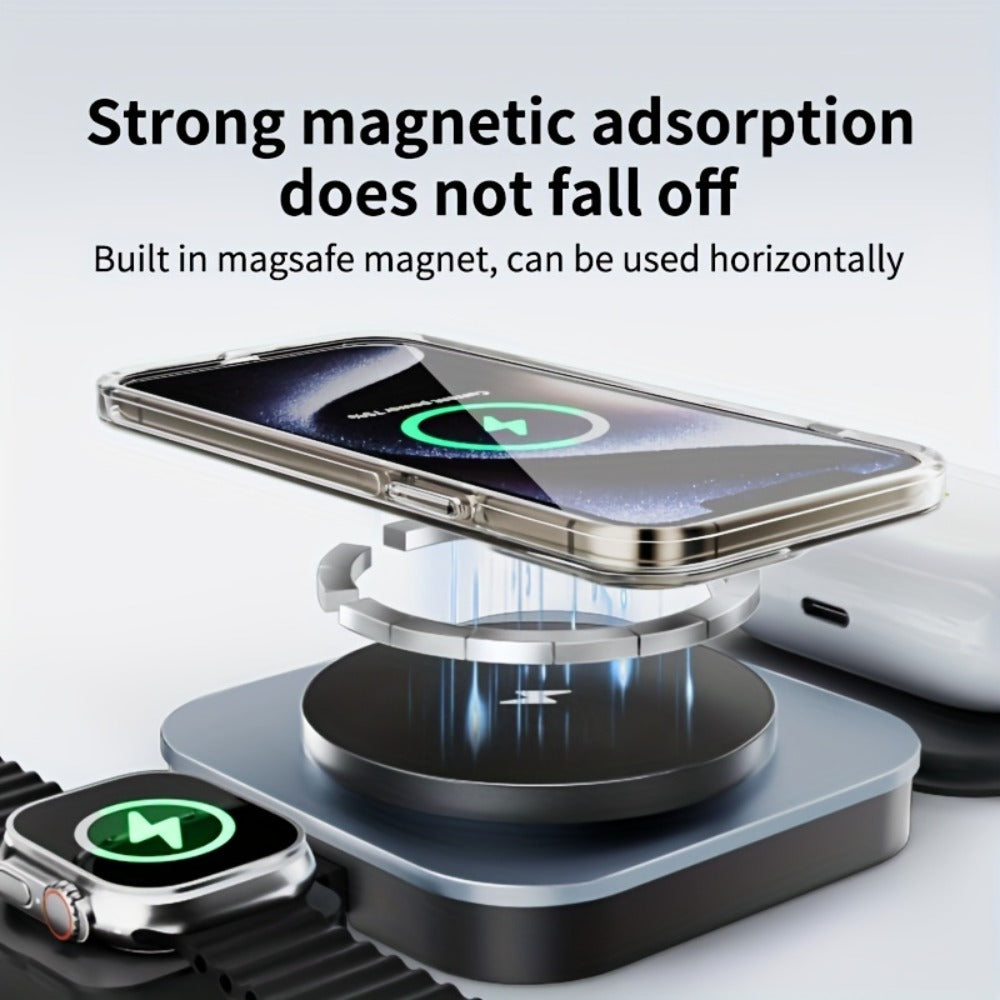 Foldable Travel 3-in-1 Wireless Charging Station 15W – Fast Charge for iPhone 17 16 15 14 13 12 Pro Max Plus, Apple Watch Ultra Series 9 8 7 6 5 4 3 2 1 SE & AirPods 4 3 2 Pro | Portable Black Charger