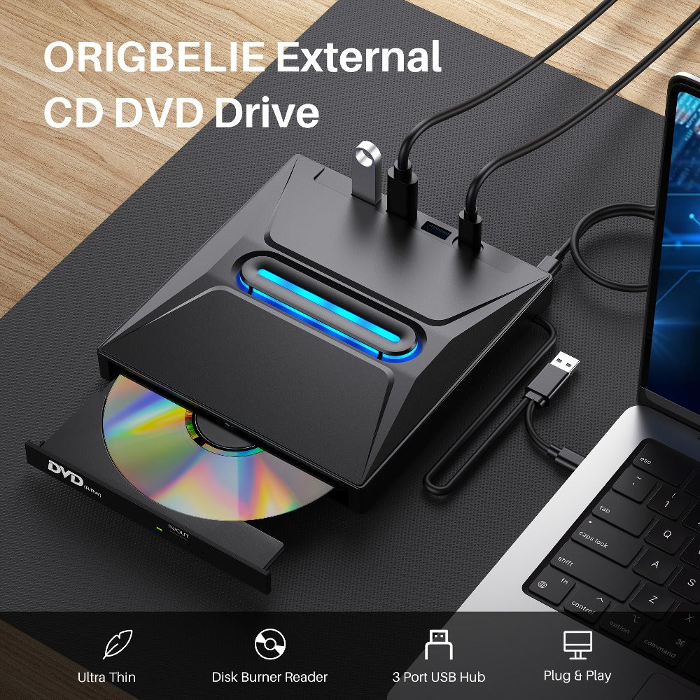 8-in-1 Luminous External CD DVD Drive USB 3.0 & Type-C - Portable CD/DVD±RW Burner Player Hub with 3 USB Ports, TF/SD Card Reader, Compatible with Laptop Desktop PC Windows Linux
