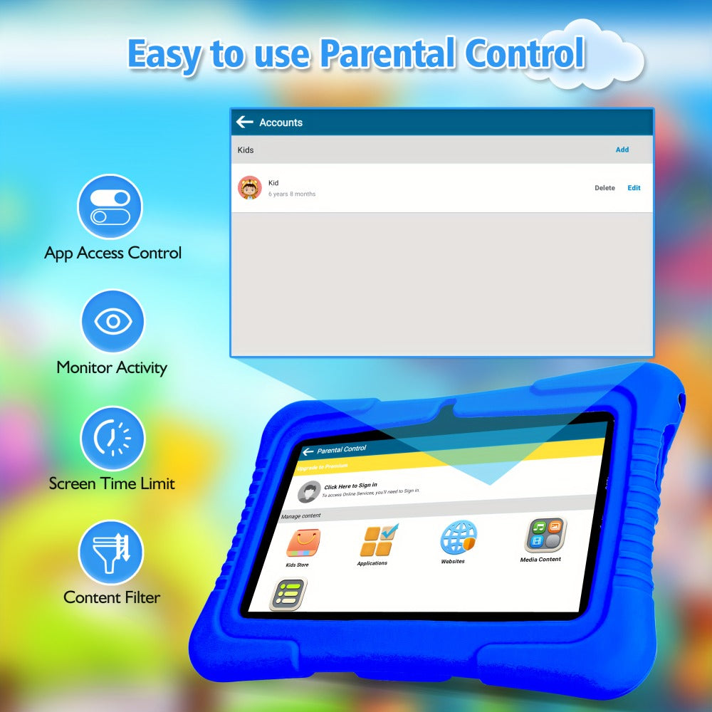 Kids Tablet 7 Inch Android with Parental Controls, Dual Camera & Silicone Case – 2GB RAM, 16/32GB Storage, WiFi, Eye Protection Screen, Educational Gift for Boys & Girls Ages 3-10