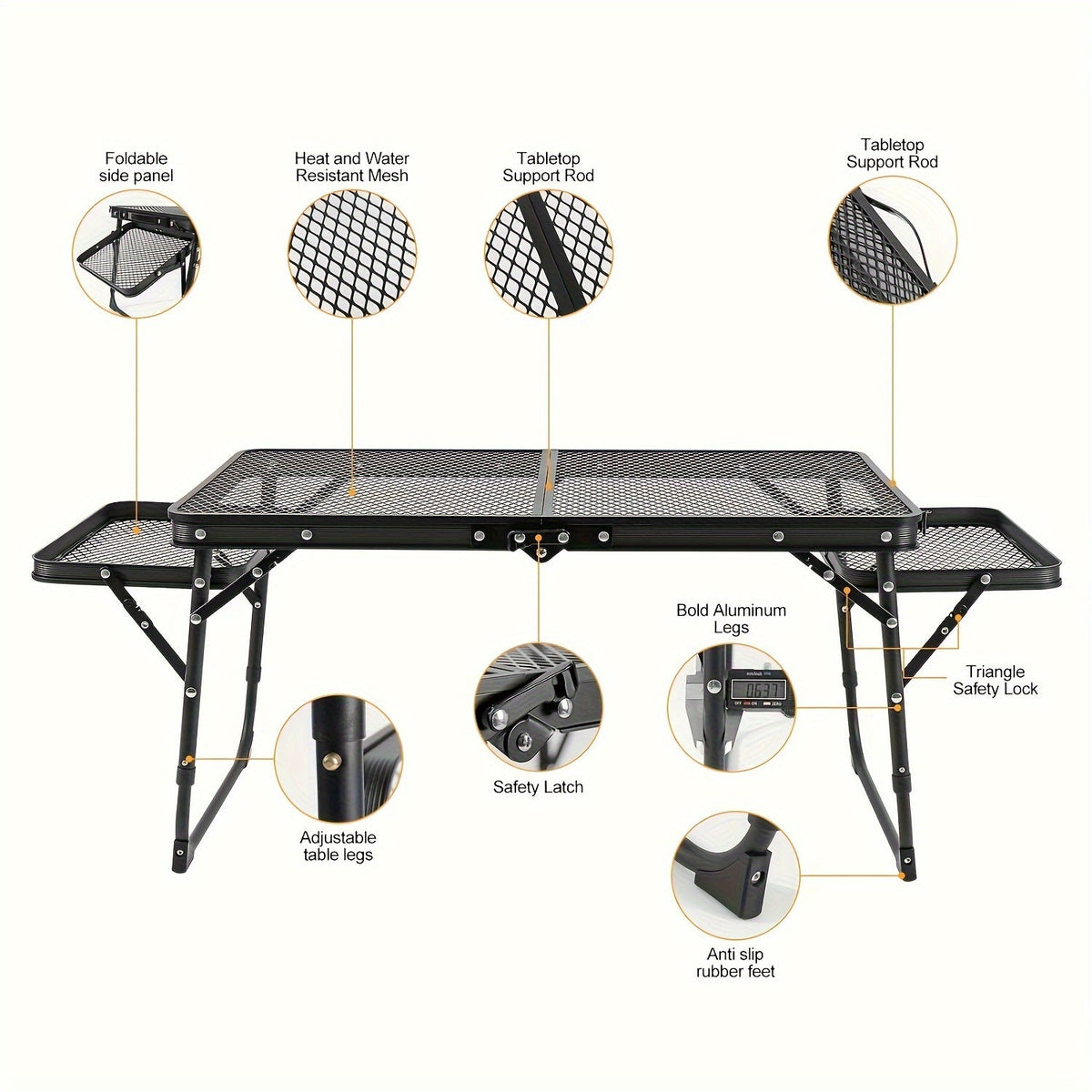 Portable Folding Camping Table with 2 Wingboards & Mesh Top – Height Adjustable Outdoor Grill Side Table for Picnic Barbecue Beach Backpacking, Lightweight Compact Folding Table with Carry Bag