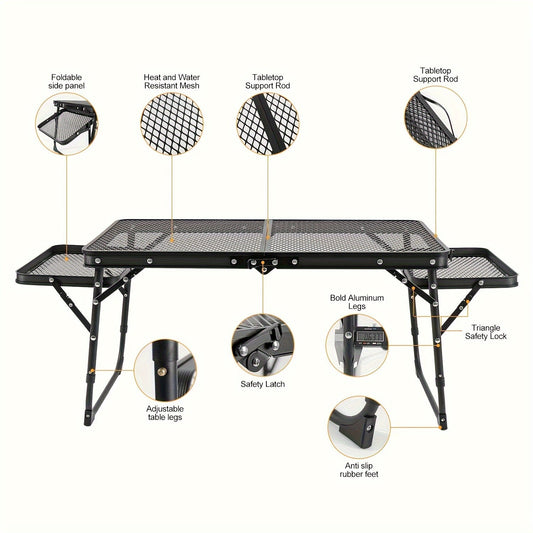 Folding Camping Table with Mesh Top, Two Side Extensions and Adjustable Height