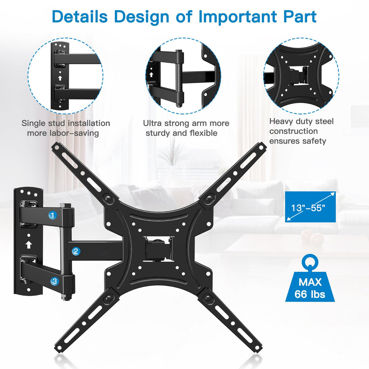 Heavy Duty TV Wall Mount 26-60 Inch Full Motion – Stainless Steel Swivel Tilt Extension Arm, VESA 400x400mm, Holds 77 lbs, Universal Fit for Samsung LG Sony TCL Vizio Hisense, Black