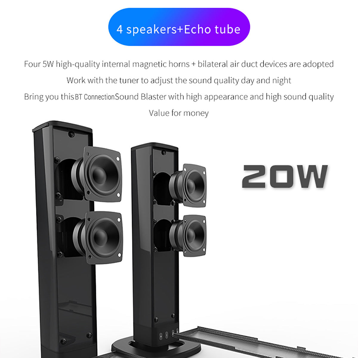 TV Soundbar Surround Sound System – Separable All-in-One Home Theater with 4x5W Magnetic Speakers, Echo Tube, Wireless & AUX Connection, TWS Pairing, Compatible with PC, Gaming & Projectors, Black