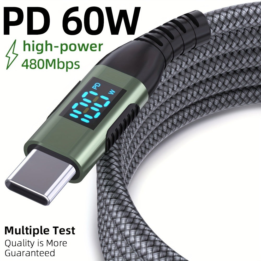 USB-A to USB-C Cable with LED Digital Display, 3A Fast Charging & 480Mbps Data Sync, Nylon Braided Anti-Overheat, for iPhone 15 Samsung Galaxy LG Android – Green (1pc/2pcs)