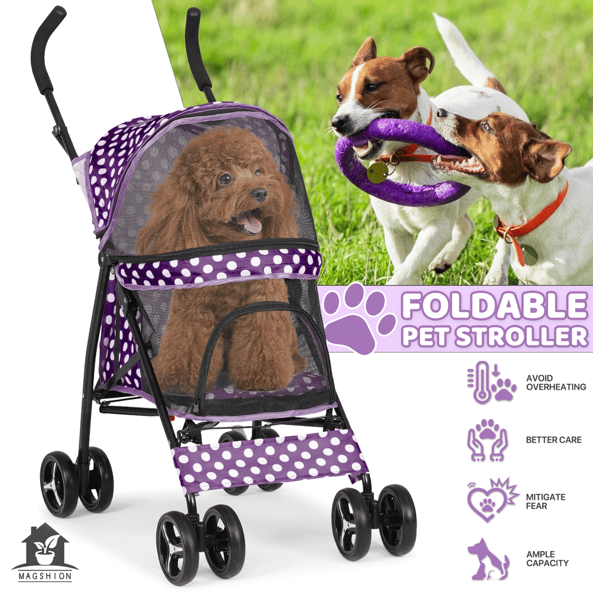 Pet Dog Cat Stroller with 4 Wheels - Foldable Jogger Pet Stroller for Small Medium Dogs & Cats up to 33 lbs, Breathable Mesh Windows, 360° Swivel Wheels, Cup Holder & Storage Basket, 10 Colors