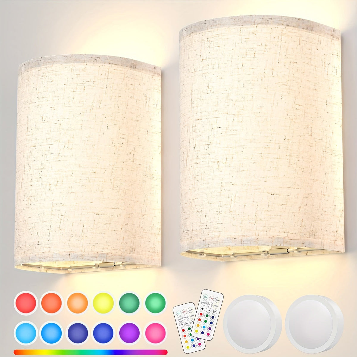 Rechargeable Wall Sconce Set of 2 – Wireless Fabric Shade Wall Light with Remote Control, Magnetic Puck Light, Dimmable CCT or RGB Color, No Wiring for Bedroom Living Room Hallway Decor