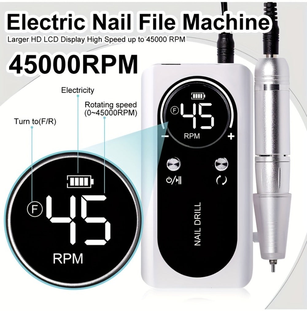 Low Noise Nail Drill Cordless 45000RPM Adjustable Speed with Power Display Portable Nail File Grinder for Gel Acrylic Nails Manicure Pedicure Home Salon Use Pink White Purple