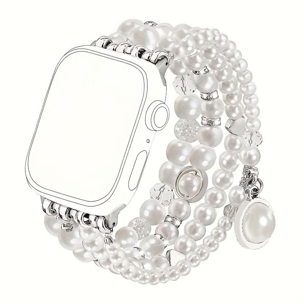 Pearl Watch Band for Apple Watch Series 11 10 9 8 7 6 5 4 3 2 1 SE Bling Jewelry Bracelet Strap Stainless Steel Buckle Elegant Women 38mm 40mm 41mm 42mm 44mm 45mm 46mm 49mm Pearl White Sakura Pink Akoya Champagne Gold