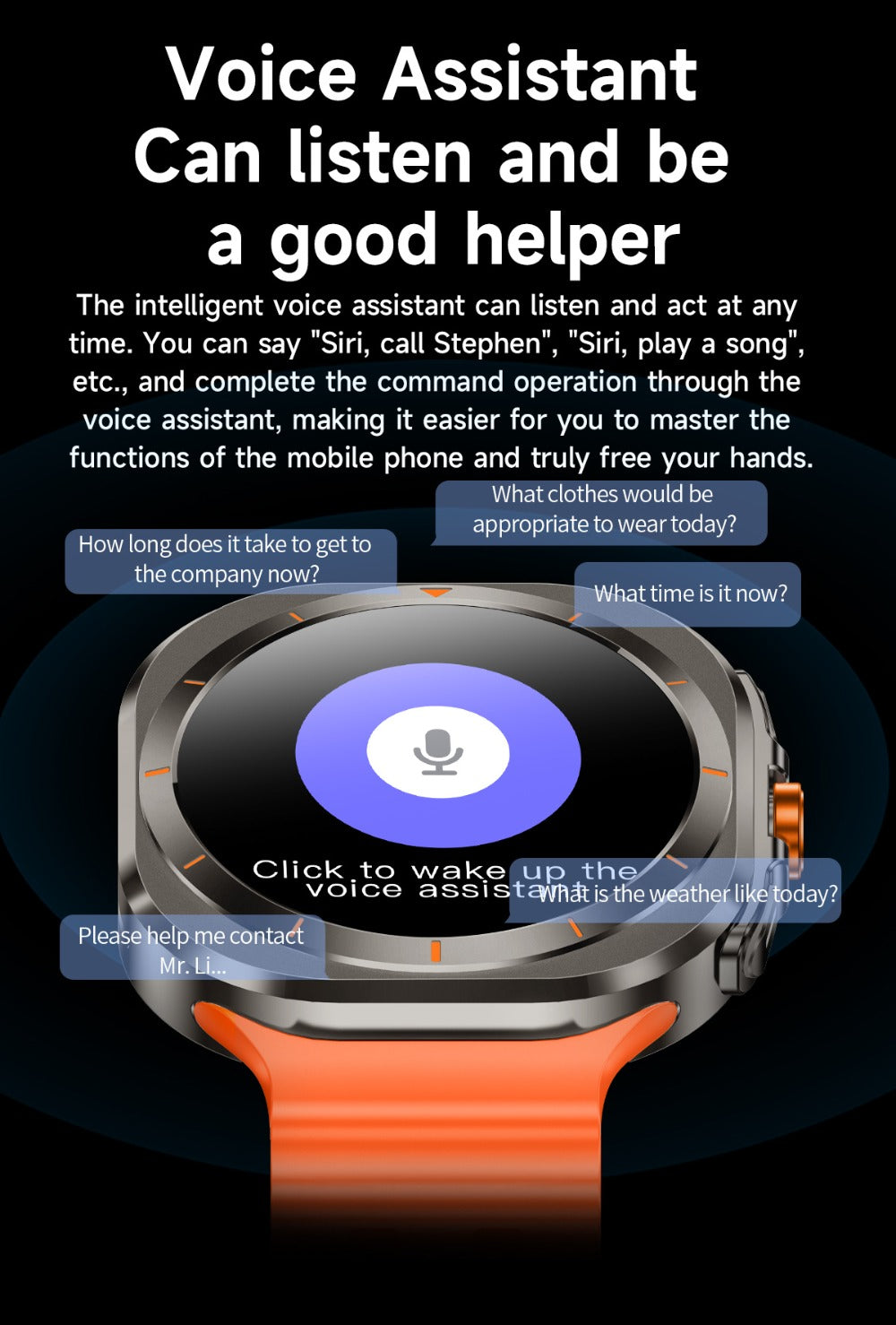 SIM Card Smartwatch Voice Assistant 100 Sport Modes – Big Screen Wireless Calling Fitness Tracker Wireless Charger 2 Straps Customizable Watch Faces Orange Black White Blue Gift