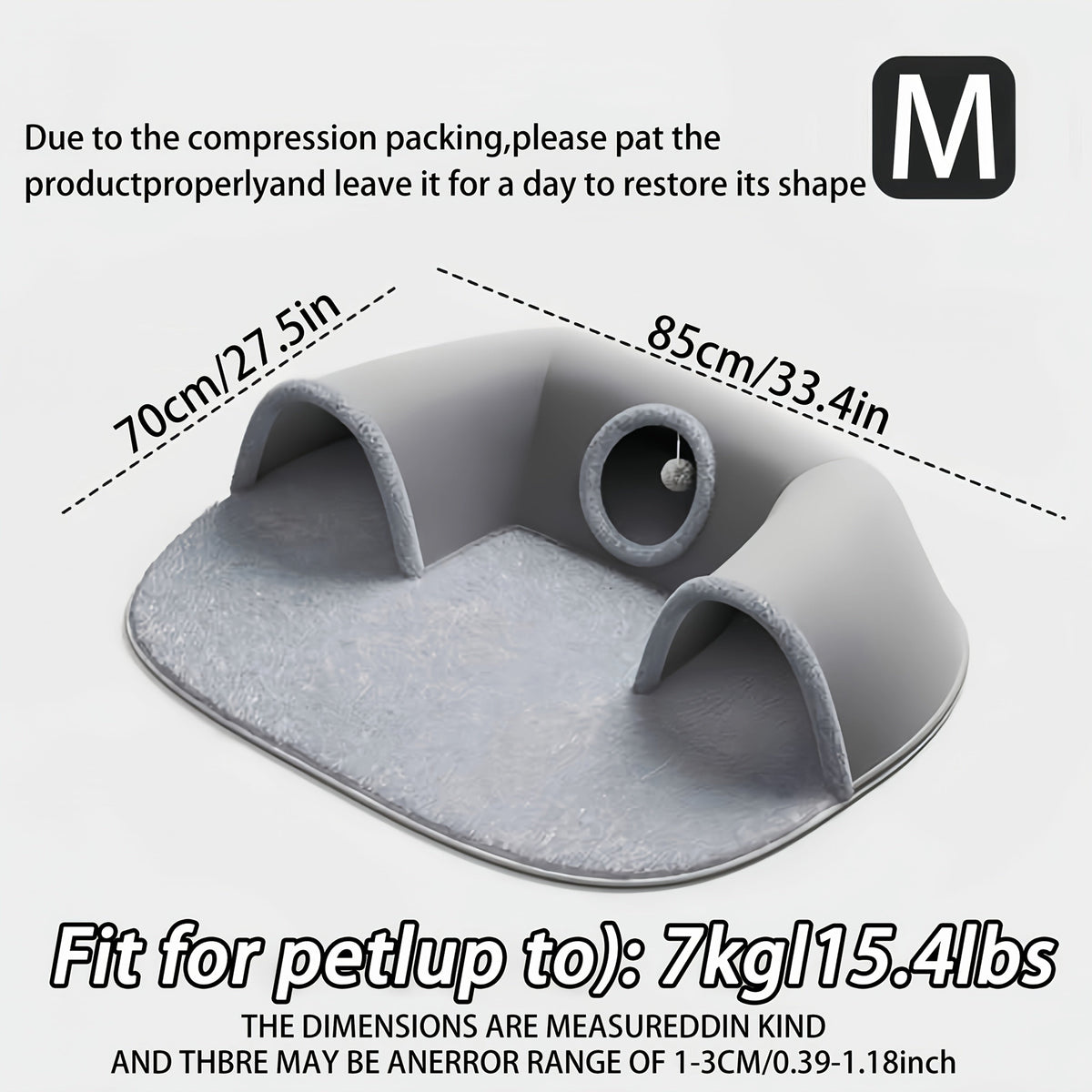 Cat Tunnel Bed 3-in-1 Play Mat & Warm Nest with Non-Slip Base, Durable Chew-Resistant Polyester Cat Bed for Indoor Cats, Soft Gray White Design, S & M Sizes for Cats Rabbits Hamsters