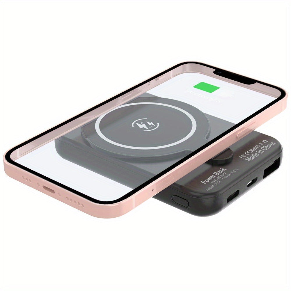 10000mAh Magnetic Wireless Power Bank Mini Portable Charger – Fast Wireless & Wired Charging, Dual USB Ports, Compatible with iPhone 15/14/13/12 MagSafe & All Qi-Enabled Devices, Black/Pink
