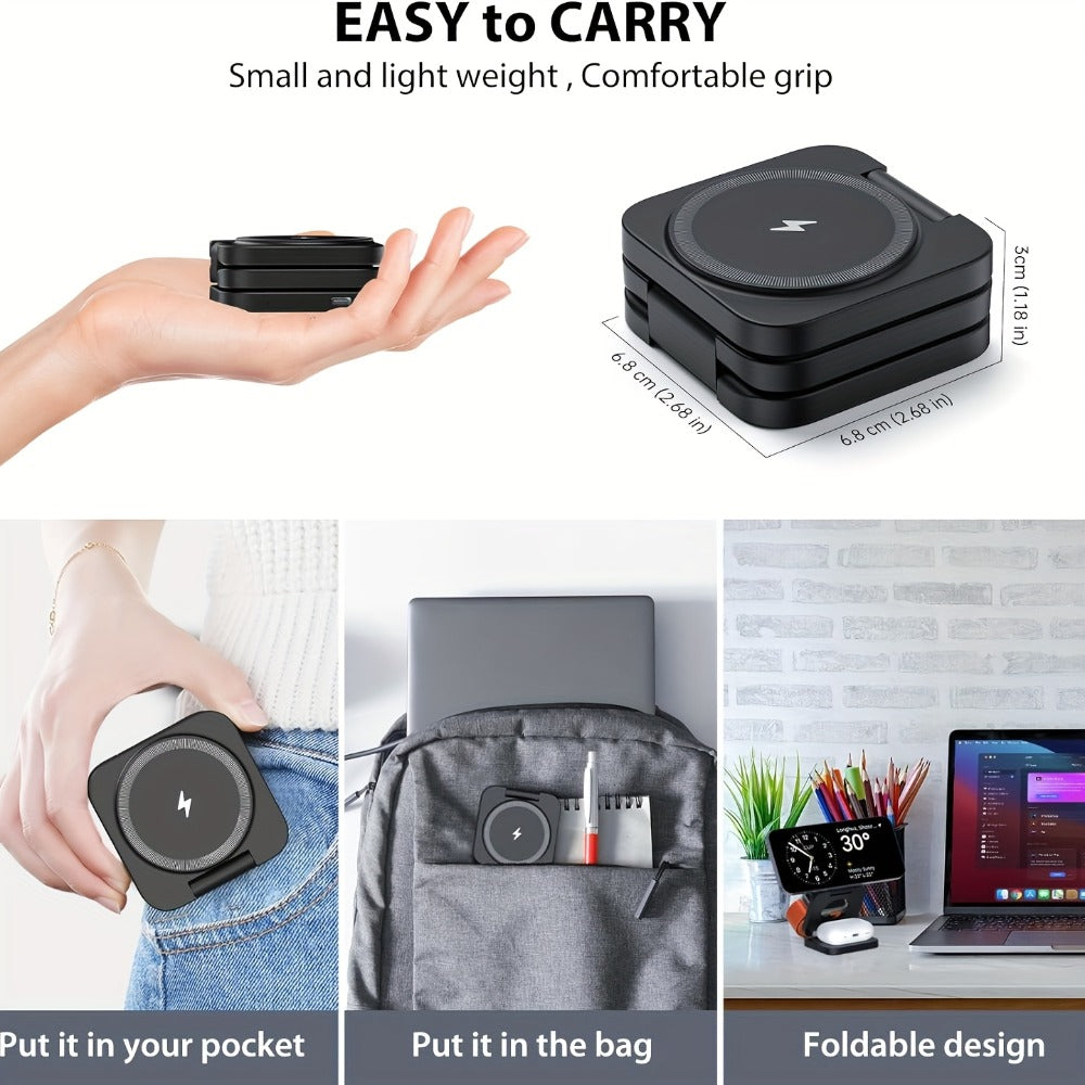 3-in-1 Foldable Travel Charging Station Magnetic Wireless Charger Dock for iPhone 17 16 15 14 13 12 Pro Max, Apple Watch Ultra 2 Series 9 8 7 6 5 4 3 2 SE, AirPods 4 3 2 Pro – Compact Portable – Black