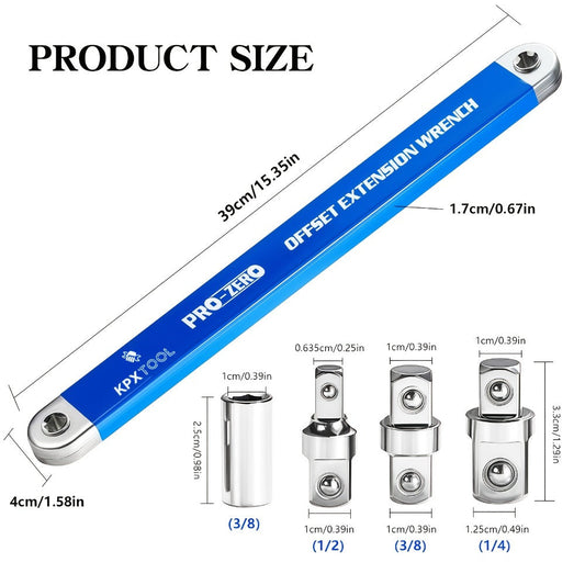 Offset Ratchet Wrench with 180° Swivel and 1/4-, 3/8-, 1/2-Inch Adapters