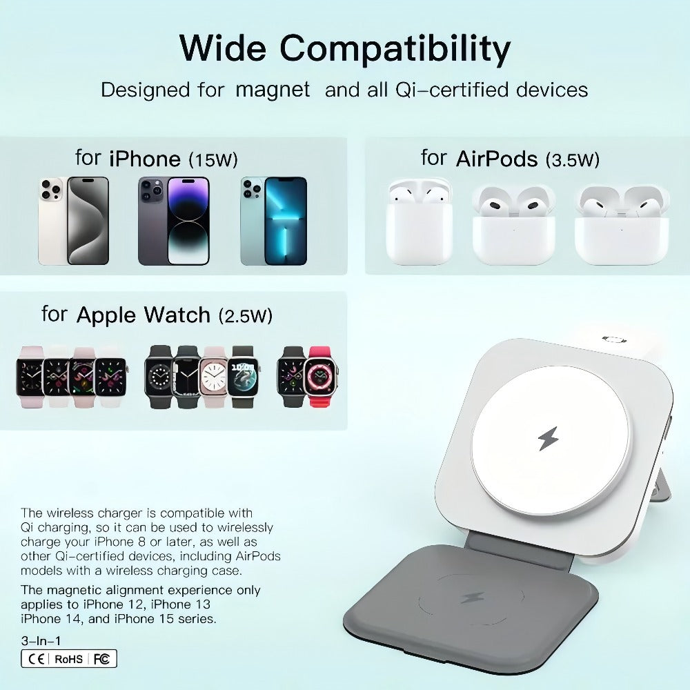 Foldable Travel 3-in-1 Wireless Charging Station 15W – Fast Charge for iPhone 17 16 15 14 13 12 Pro Max Plus, Apple Watch Ultra Series 9 8 7 6 5 4 3 2 1 SE & AirPods 4 3 2 Pro | Portable Black Charger