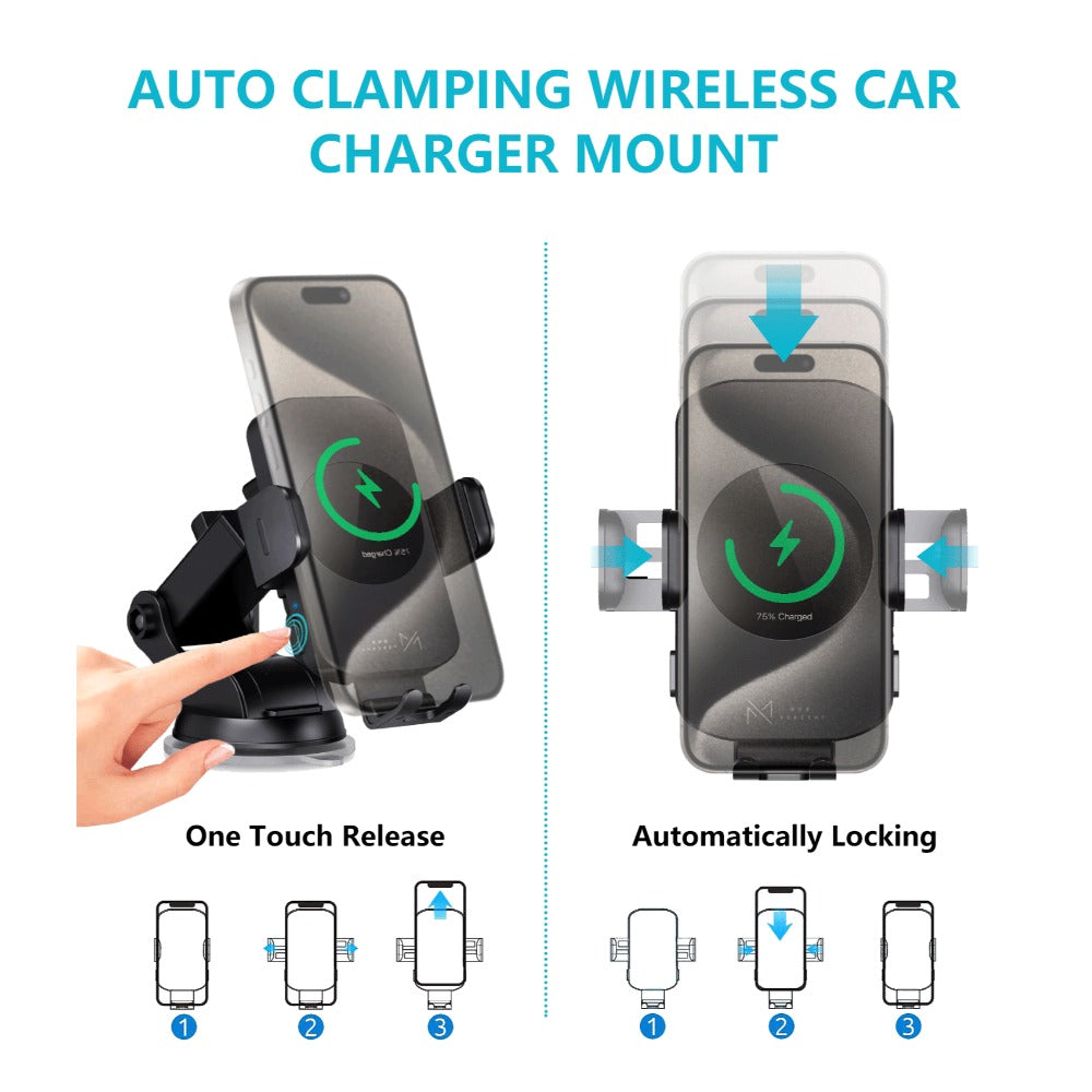 Auto-Clamping Car Wireless Charger 15W Blue Gold Stylish Vent Clip Phone Mount 360° Rotation for iPhone 16 15 14 13 12 11 Pro Max, Samsung Galaxy S24 S23 S22 S21, All Qi Devices – Blue & Gold