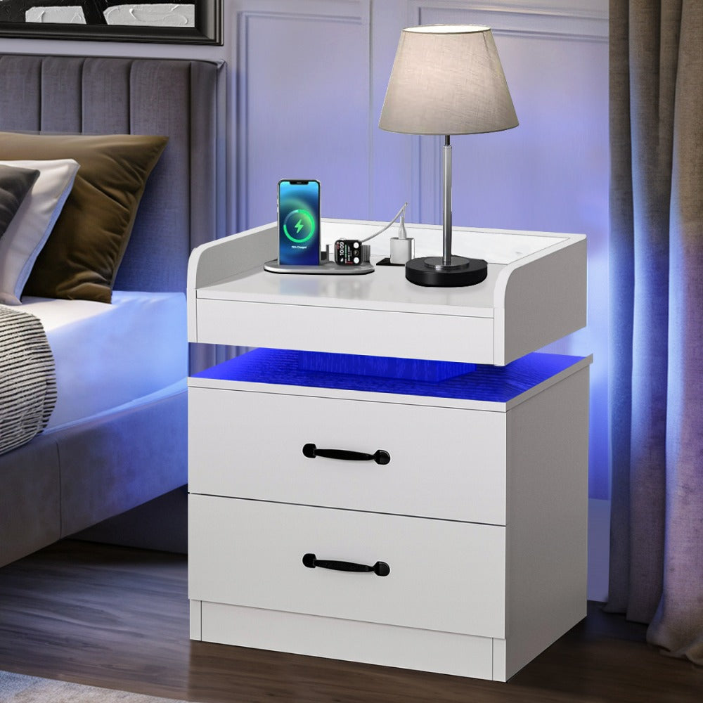 Small Nightstand with USB Charging Station & LED Lights – Compact Bedside Table with Drawer | Under 27 Inch Floor Mount | Dorm Studio Apartment Small Bedroom | Black or White | College Dorm Gift