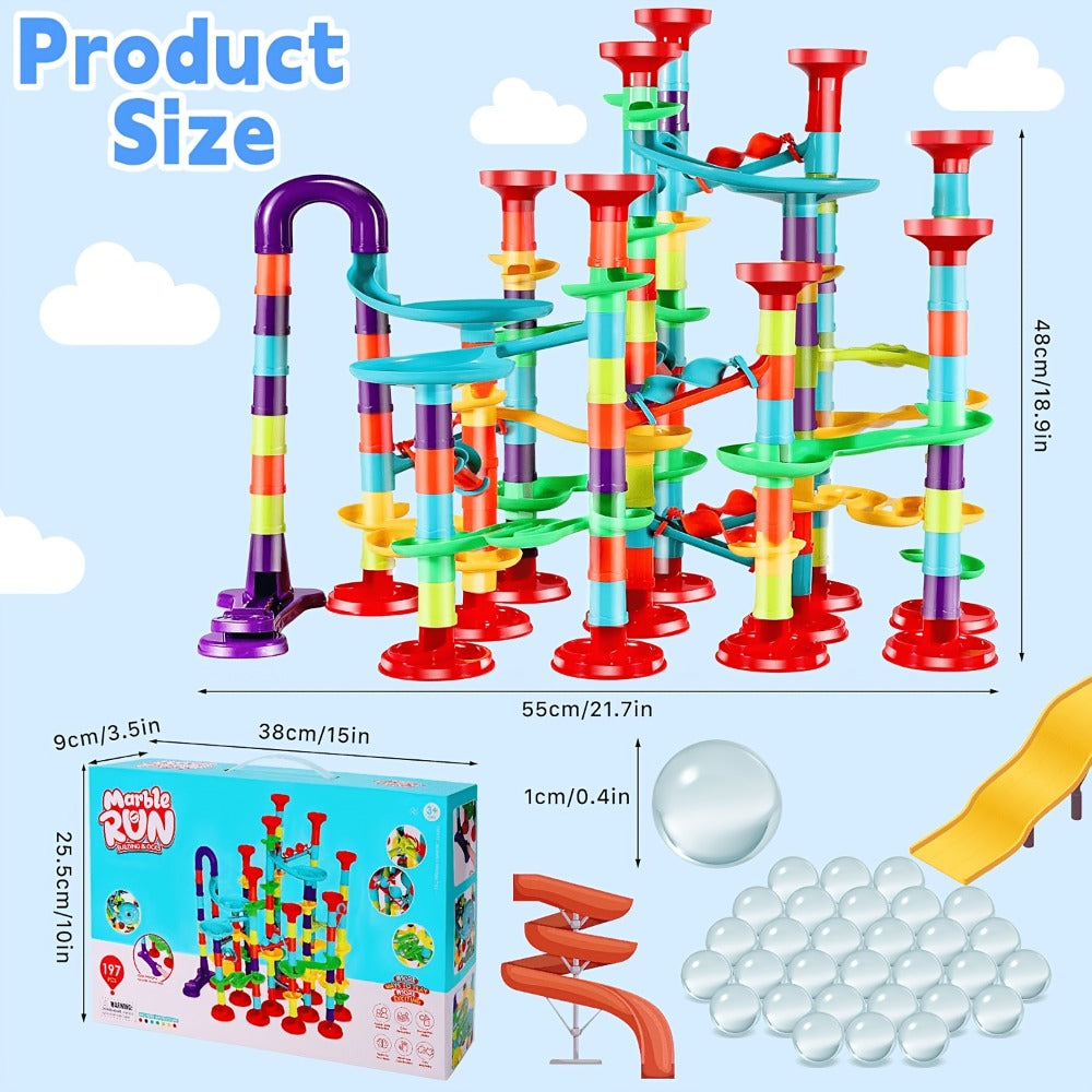 Marble Run Building Block Set with Glass Marbles, 112 or 147 Piece Race Track Toy for Ages 4+