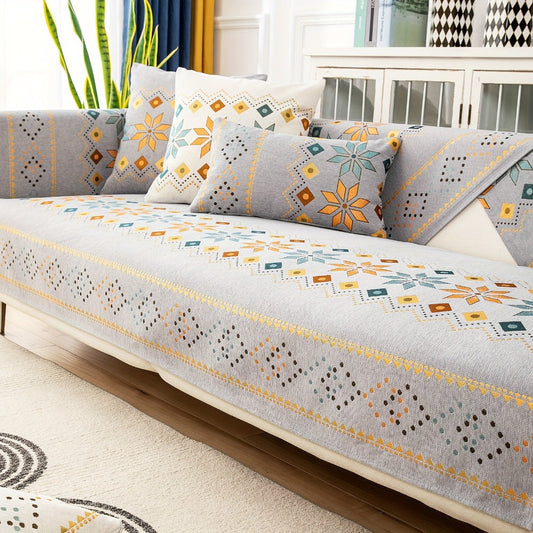 Chenille Sofa Cover with Boho Jacquard Pattern, Non-Slip Seat and Backrest Options