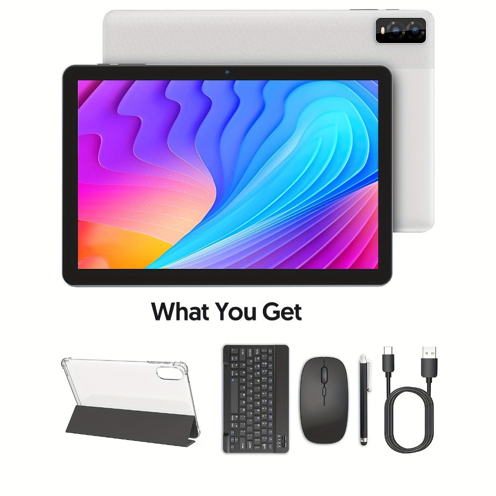 10 Inch Android 14 Tablet 8GB RAM 32GB ROM 1TB Expandable Octa-Core 1280x800 IPS Touch Screen Dual Camera WiFi 2-in-1 Tablet PC with Optional Keyboard Mouse Case & Stylus – White
