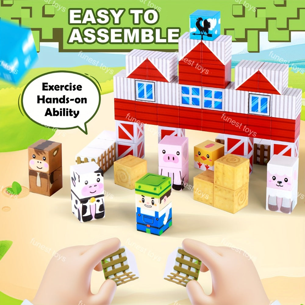 54-Piece Farm Animal Magnetic Block Set with Farmer Theme Play