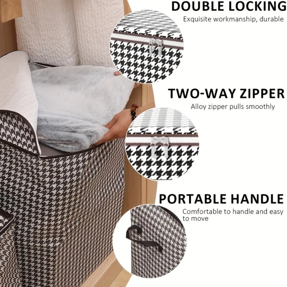 Large Storage Bags Houndstooth Non-Woven Fabric Organizer with Double Zipper & Handles – 160L/180L Dustproof Foldable Storage Box for Bedroom, Closet, Moving, Travel & Dorm, 1pc or 3pcs Set