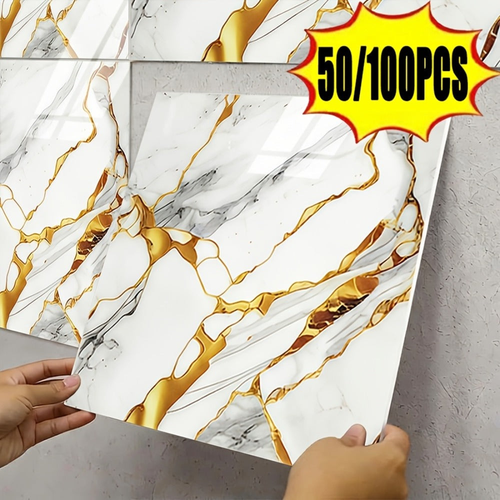 Self-Adhesive Marble Tile Stickers 11.8x11.8in Peel and Stick Wall Tiles for Bathroom Kitchen Backsplash – Waterproof 3D Glossy Imitation Marble Wall Panel, Easy to Install, 50 or 100 Pack