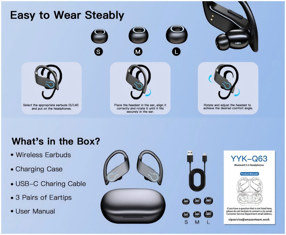 TWS Earhook Wireless Earbuds Semi-Open Back with LED Charging Case, ENC Noise Reduction, Touch Volume Control, Built-In Microphone, True Wireless Bluetooth Headphones for Sports Travel Work