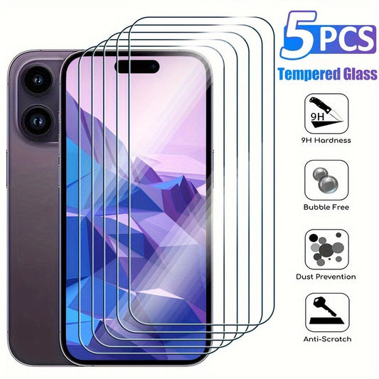 Tempered Glass Screen Protector 5-Pack for iPhone – 9H+ HD Clear, Fingerprint Resistant, Bubble-Free Easy Apply, iPhone 11 12 13 14 15 16 17 Pro Max Plus Air XR X XS Compatible