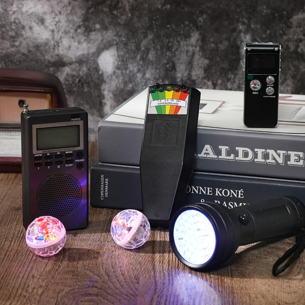 Ghost Hunting Equipment Kit 7pcs, EMF Electromagnetic Paranormal Detector, Digital EVP Voice Recorder 8GB, Handheld Radio, UV Flashlight, LED Cat Balls, Paranormal Investigation Set for Beginners & Pros