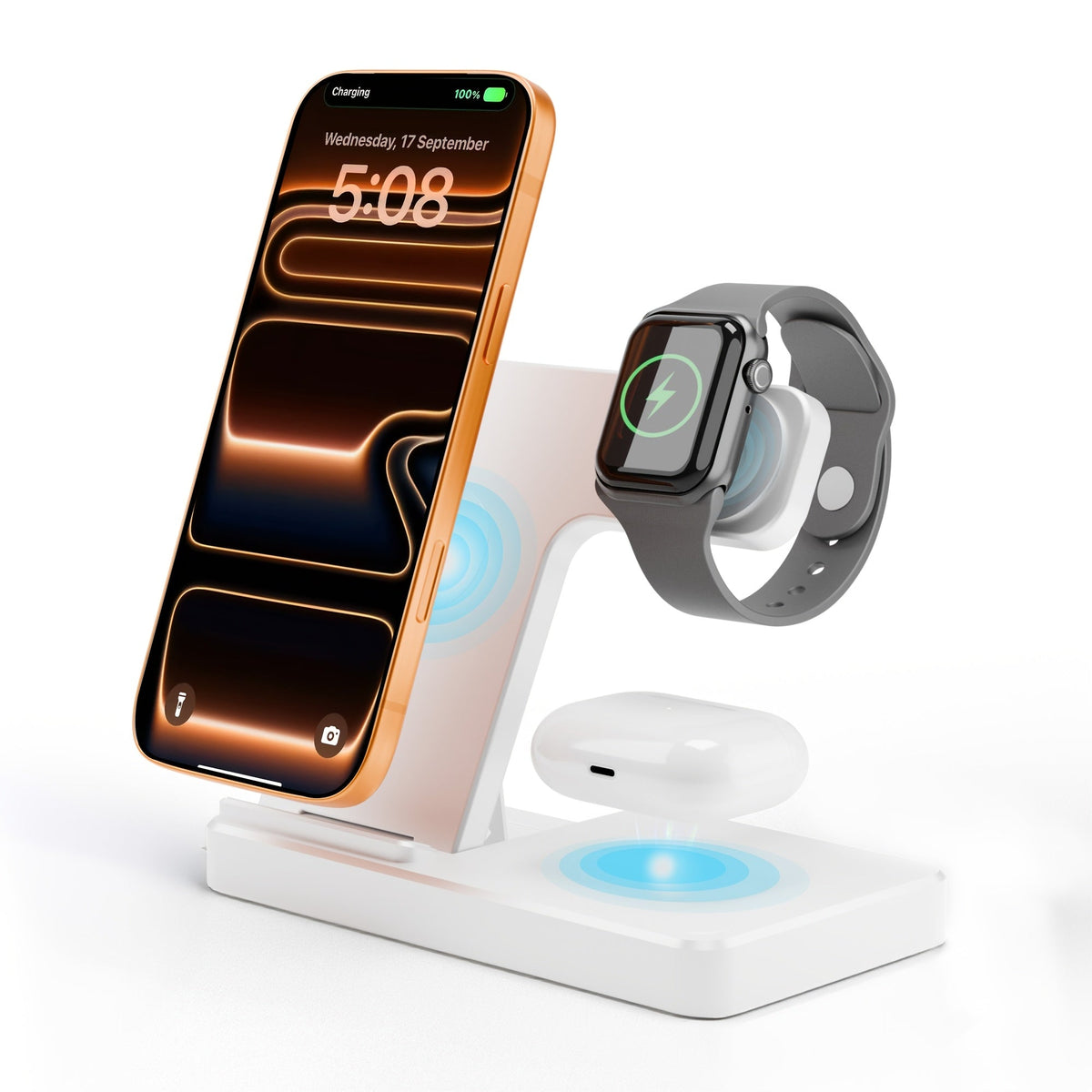 Vertical Horizontal Wireless Charging Station 3-in-1 Foldable 15W LED Indicator – Fast Charger for iPhone 17/16/15/14/13/12, Apple Watch Ultra 2/Series 10/9/8/7 & AirPods Pro 4/3/2 | Portrait Landscape Stand | Black & White