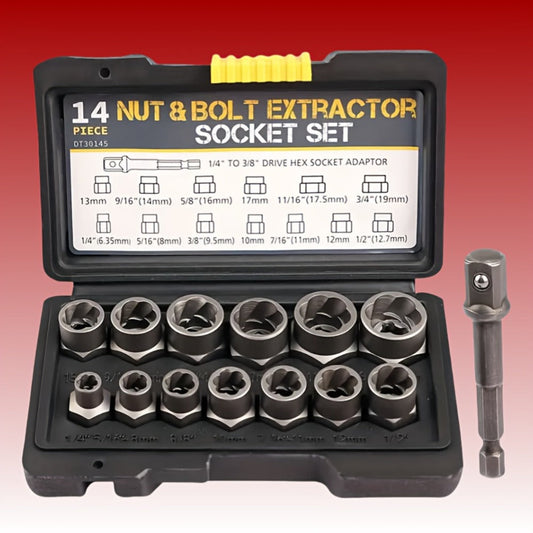 Nut and Bolt Extractor Set, 14-Piece with Spiral Flutes and Hex Socket Adapter