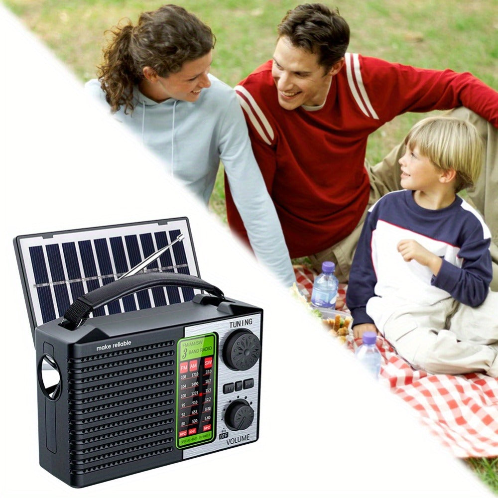 Emergency Solar Hand Crank Radio 5-in-1 with Dual Speaker, FM AM SW VHF, MP3 USB TF Card Player, 180° Foldable Solar Panel, LED Flashlight, Portable for Camping Power Outages Survival