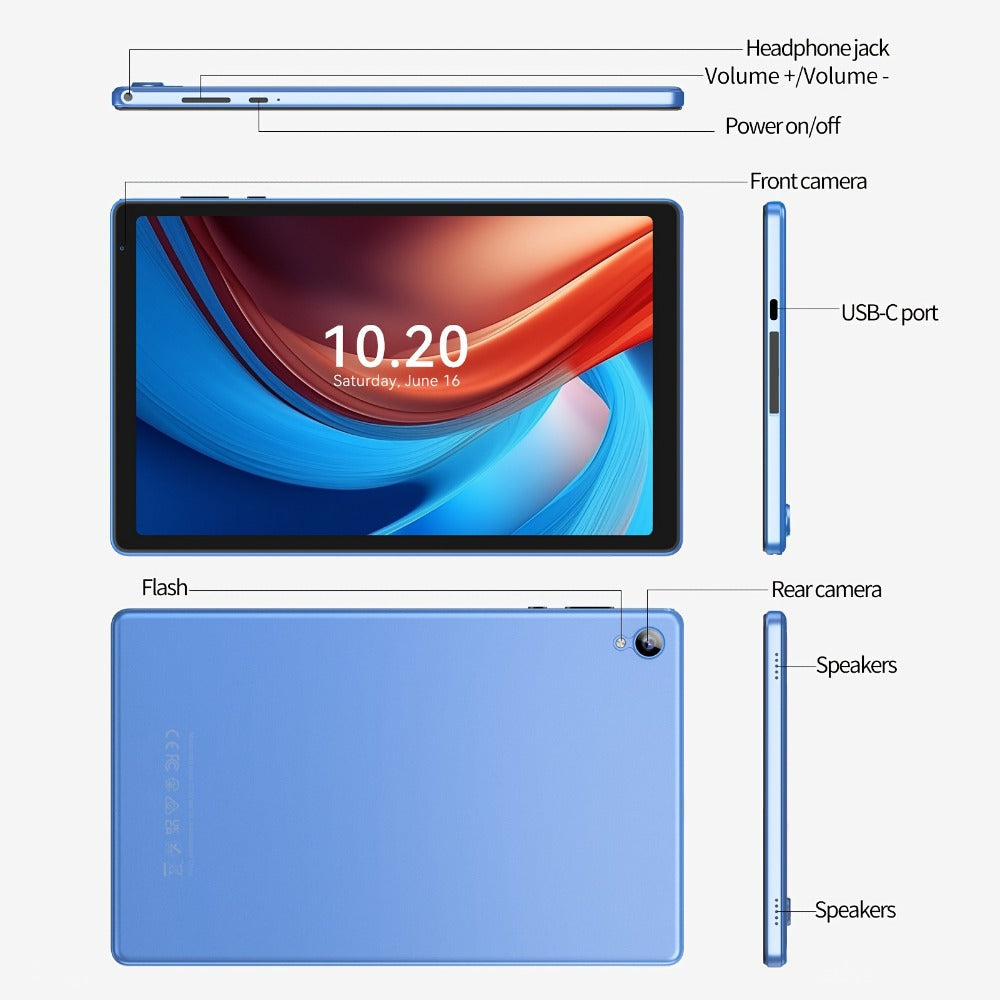 Android 14 Tablet 10 Inch 6000mAh Battery 4GB RAM 32GB ROM Quad-Core HD IPS Screen WiFi Google Play Front Rear Camera Blue Pink Gray Purple with Protective Case