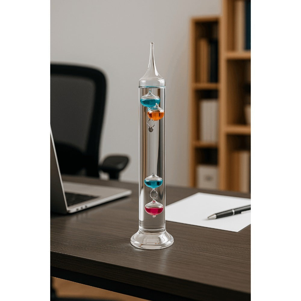 Galileo Thermometer Glass Multicolor Floating Spheres 9.5 Inch Decorative Temperature Display 16°C-28°C for Home Office Desk Science Decor Gift