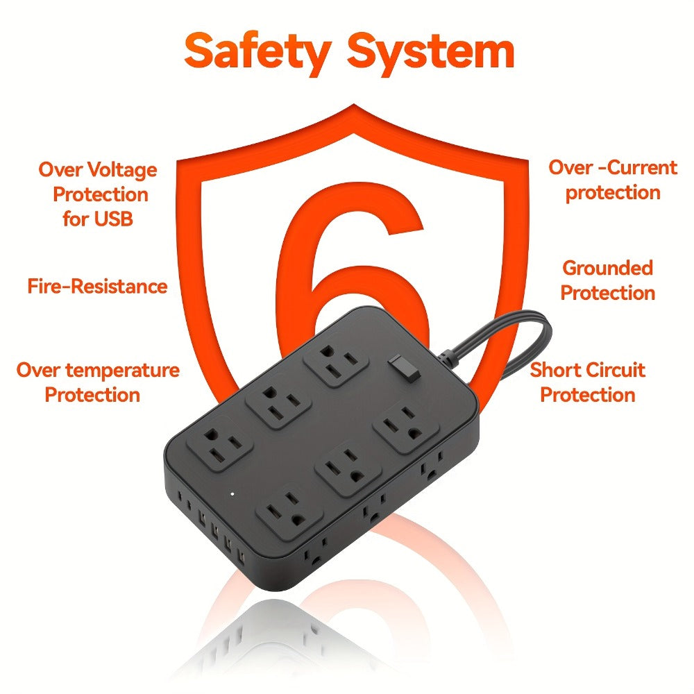 12-Outlet Surge Protector Power Strip with One-Touch Master Switch 18-in-1 with 12 Spacious AC Outlets 4 USB-A 2 USB-C Ports Safe Portable Charging Station for Home Dorm Office Travel – Black & White