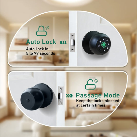 Smart Door Knob Lock with Fingerprint, Keypad and App Control, Matte Black