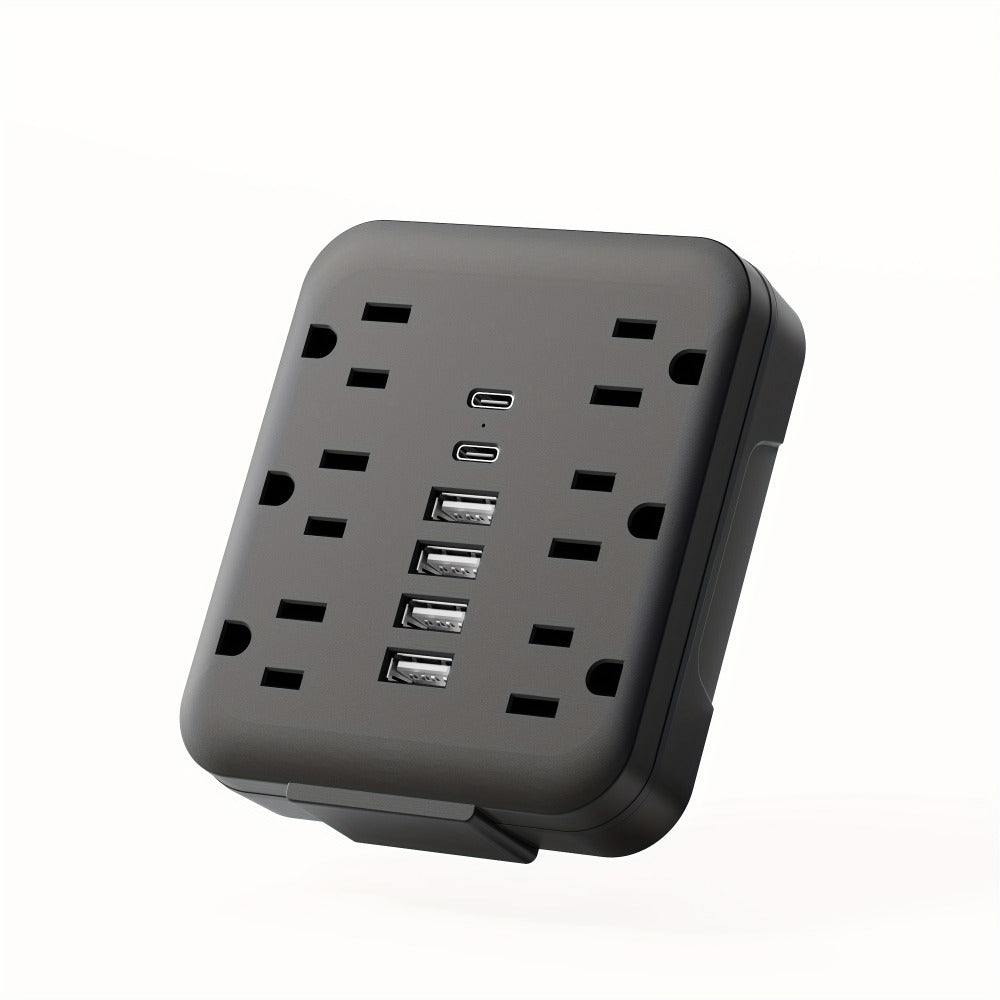 Bedside Wall Power Strip 12-in-1 with 6 AC Outlets, 4 USB-A & 2 USB-C Ports – Multi-Socket Charging Station for Home, Office, Bedroom & Travel, White & Black