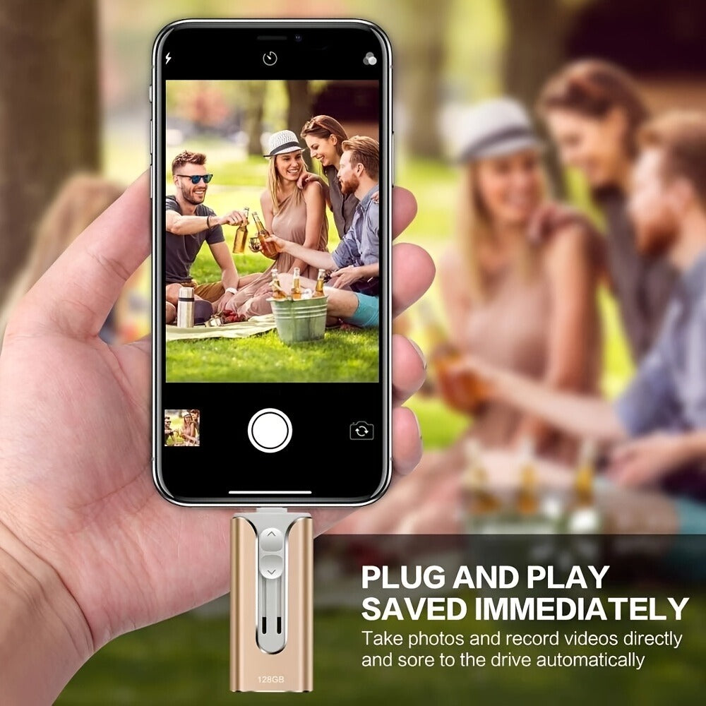 4-in-1 iPhone Flash Drive USB 3.0 OTG Photo Stick 128GB 256GB, Lightning USB-C USB-A iPad Connector Memory Stick with Backup Function Compatible with iPhone iPad Android Laptop & PC – Gold Pink Silver Blue