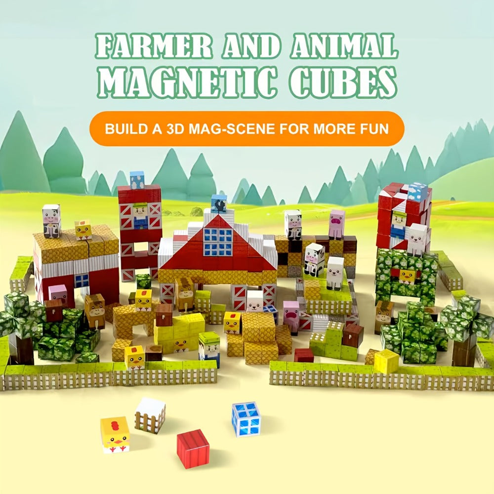 54-Piece Farm Animal Magnetic Block Set with Farmer Theme Play