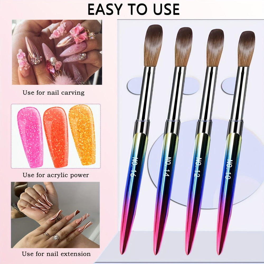 Kolinsky Acrylic Nail Brush Set 4Pcs – Sizes 10 12 14 16 for Acrylic Powder Application, Nail Extensions & 3D Nail Art Carving, Professional Nail Brushes