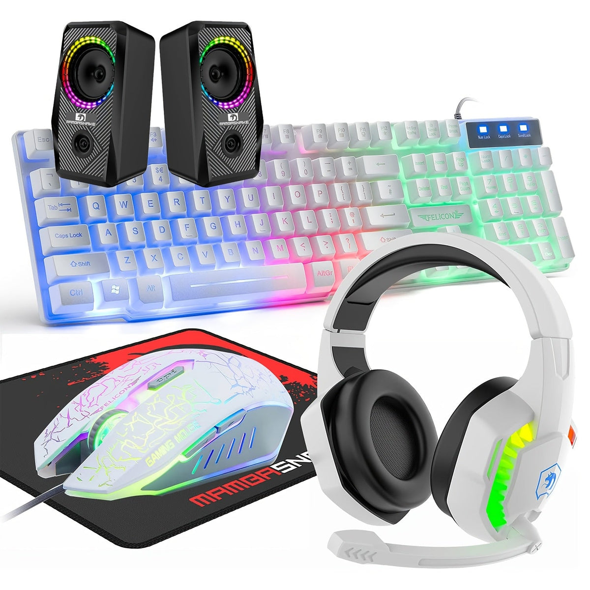 Complete 5-in-1 Gaming Setup Bundle RGB – 104 Keys Wired Keyboard, 2400 DPI Optical Mouse, Gaming Headphone, Speaker & Large Mouse Pad for PC, Mac, PS4 & Xbox | All-in-One Gaming Combo | Black & White
