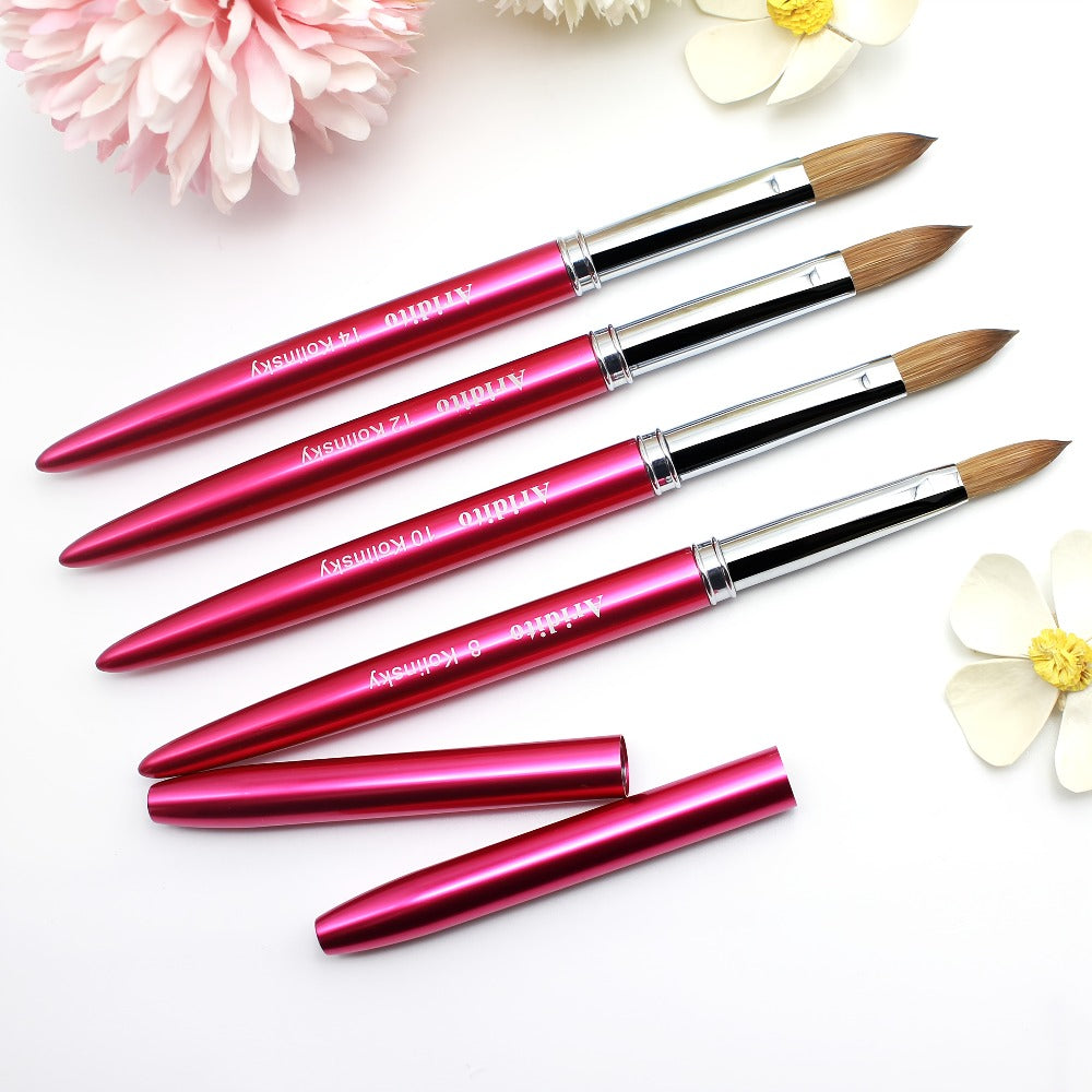 Kolinsky Acrylic Nail Brush Set 100% Pure Kolinsky Hair Flat Shape Sizes #10 #12 #14 – Professional Nail Art Sculpting Extension Brush with Rose Red Handle & Cap for Nail Technicians & Home Use