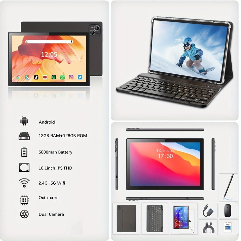 2-in-1 Tablet with Keyboard Mouse Stylus - Crelander 10 Inch Android Tablet 6GB RAM 128GB Storage 5000mAh Battery WiFi Dual Camera with Case Included