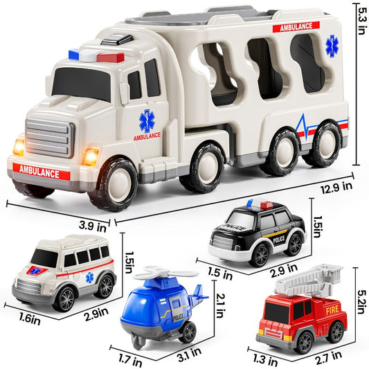 Ambulance Carrier Truck Toy Set – 5-in-1 Friction Powered Truck with 4 Vehicles, Lights & Sounds