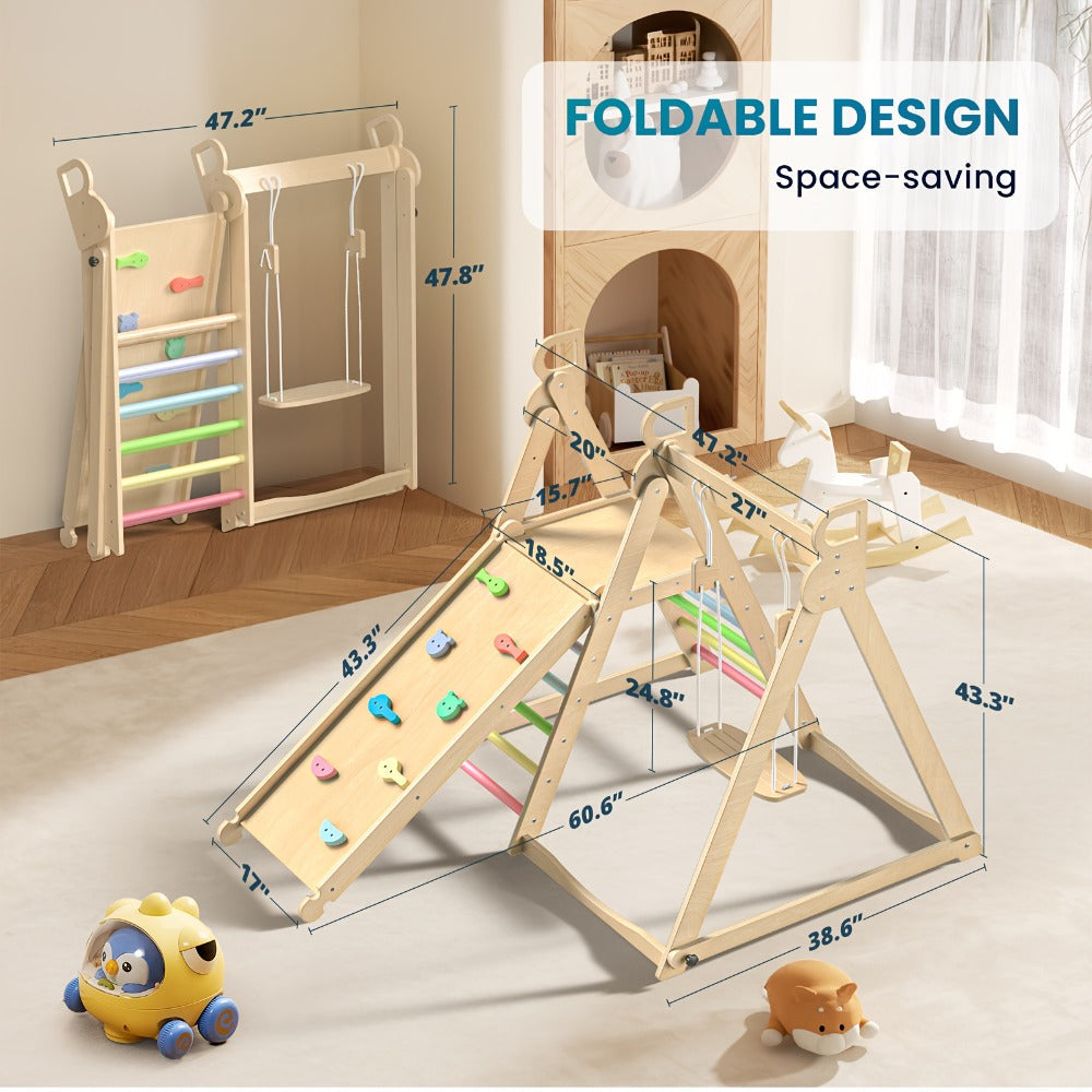 Foldable Indoor Wooden Jungle Gym for Toddlers – 4-in-1 Climbing Frame with Swing, Slide & Ladder | Ages 18M+ | Rainbow & Blue | Kids Indoor Playset for Cognitive Development & Active Play