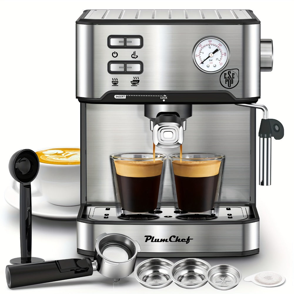 Espresso Machine Stainless Steel – Dual-Brew Coffee Maker with 54.1oz Water Tank, High-Pressure Steam Wand, ESE Pod & Ground Coffee Compatible, 1 & 2 Cup Brewing, Overpressure Protection for Home Barista