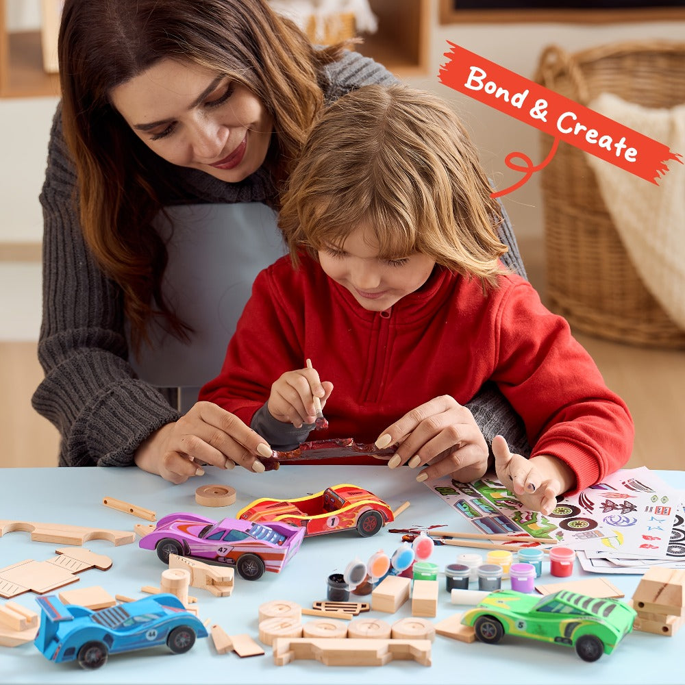 DIY Wooden Race Car Kit, 4 Cars to Build and Paint for Kids Ages 8+